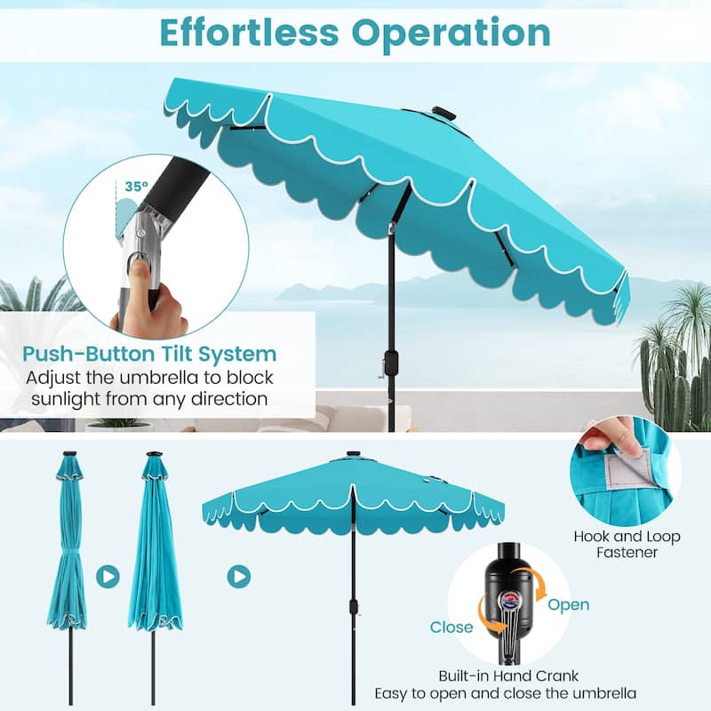 9.3 FT Outdoor Patio Polyester Umbrella with Solar LED Lights and Tilt Crank Metal Frame for Garden Deck