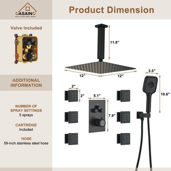 Celling Mount 12 Inch Rainfall Shower Head 3 Function Thermostatic ...