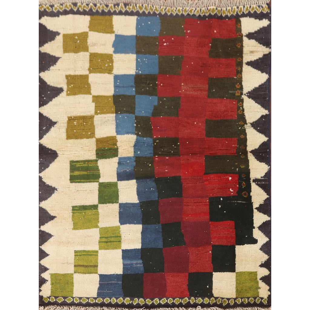 Checkered Gabbeh Persian Vintage Accent Rug Handmade Wool Carpet - 2'7" x 3'6"