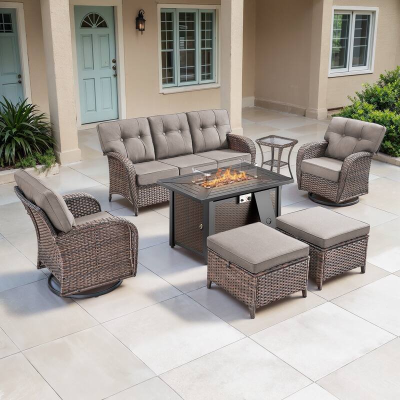 TWrap Wicker Patio Iron Fire Pit Conversation Set with 3-Seat Sofa & Swivel Gliders