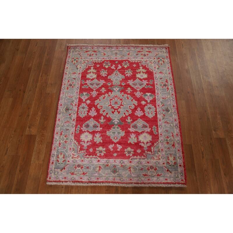Red Geometric Oushak Turkish Oriental Rug Hand-knotted Wool Carpet - 3'0" x 3'9"