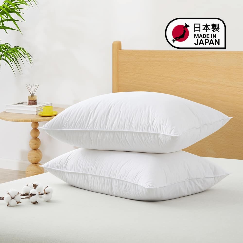 2 Pack 300TC Breathable Cotton Cover Goose Feather Down Pillows Made in Japan