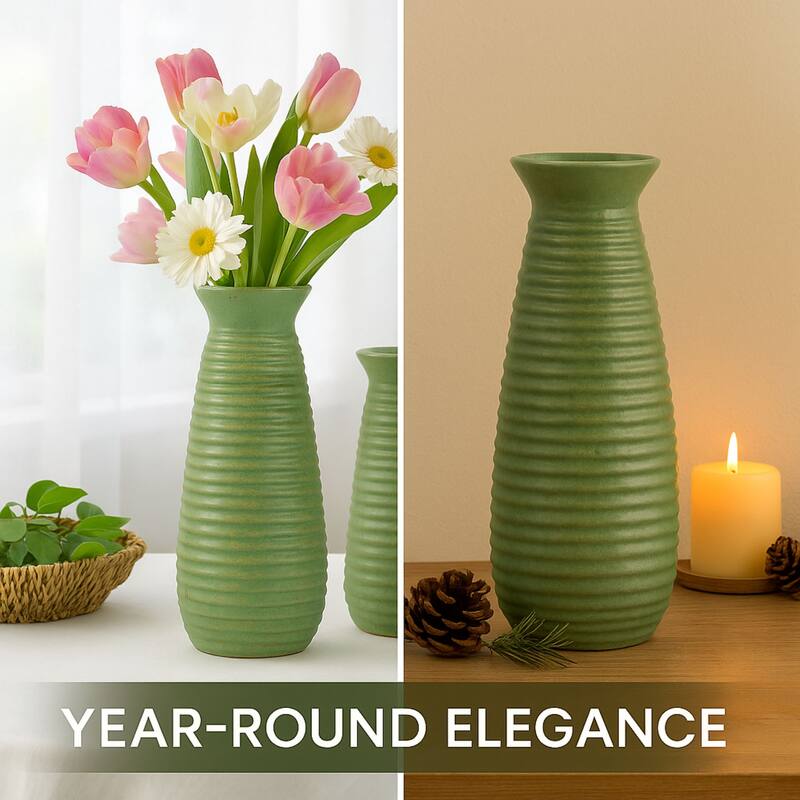 Set of 2 Avocado Green Ceramic Cylinder Vases with Matte Finish Decor