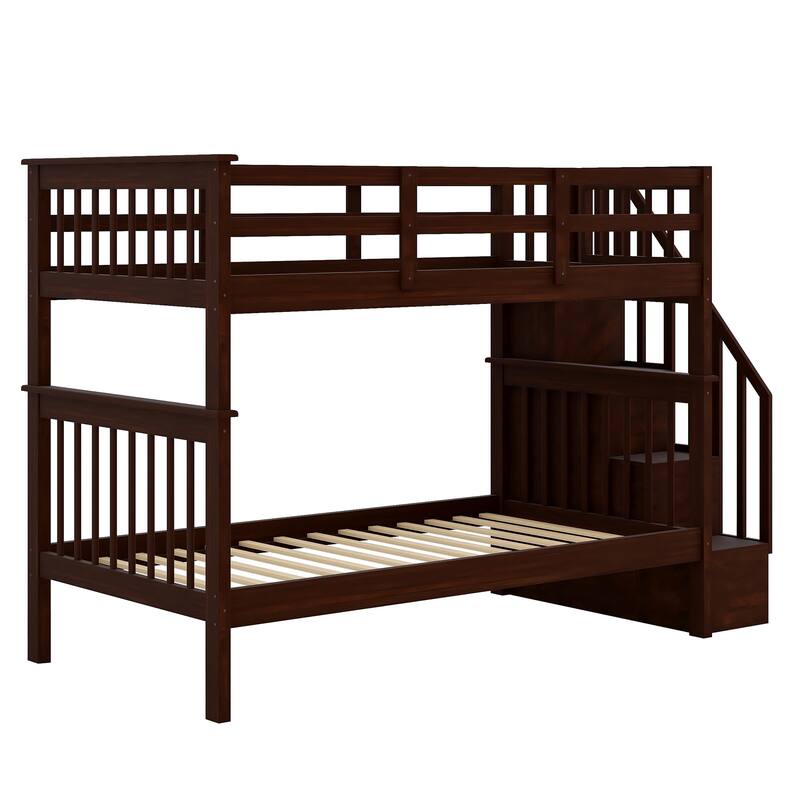 Twin-Over-Twin Bunk Bed with Storage Stairs and Guard Rail, Espresso Finish