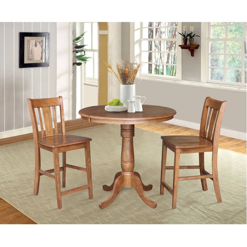 36" Round Wood Counter Height Extension Dining Table with 2 Stools - Distressed Oak