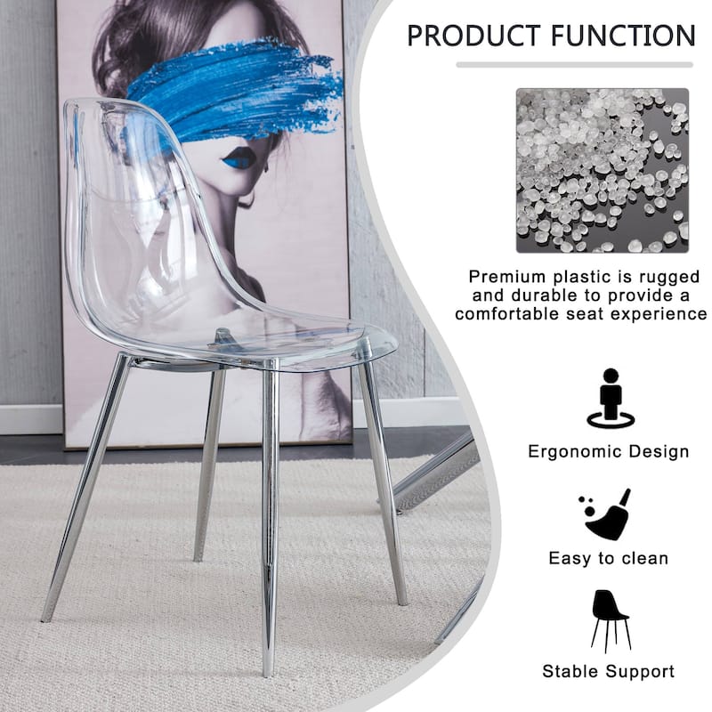 Roomfitters Transparent Plastic Dining Chairs with Silver Metal Legs, Armless Crystal Style Makeup or Office Set of 6
