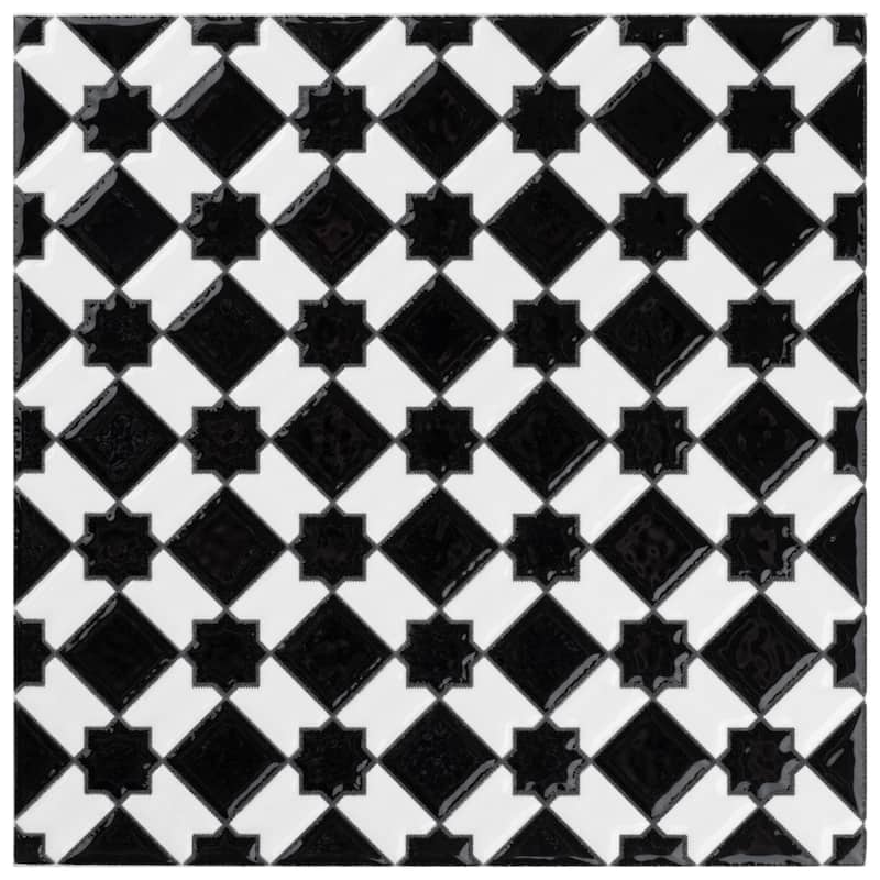 Merola Tile Sevillano Giralda Checkerboard Glossy Black and White 7-7/8" x 7-7/8" Ceramic Wall Tile - Case (25 Tiles)