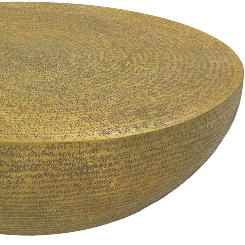 Terminus Coffee Table, 36 Inch Round Bowl Base with Hand Etched Texture, Antique Brass
