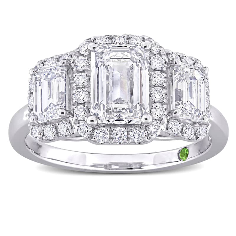 3ct TDW Emerald-Cut Lab-Grown Diamond and Tsavorite Accent 3-Stone Ring in 14k White Gold