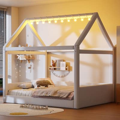 Full Size Upholstered House Daybed with LED Light Strips