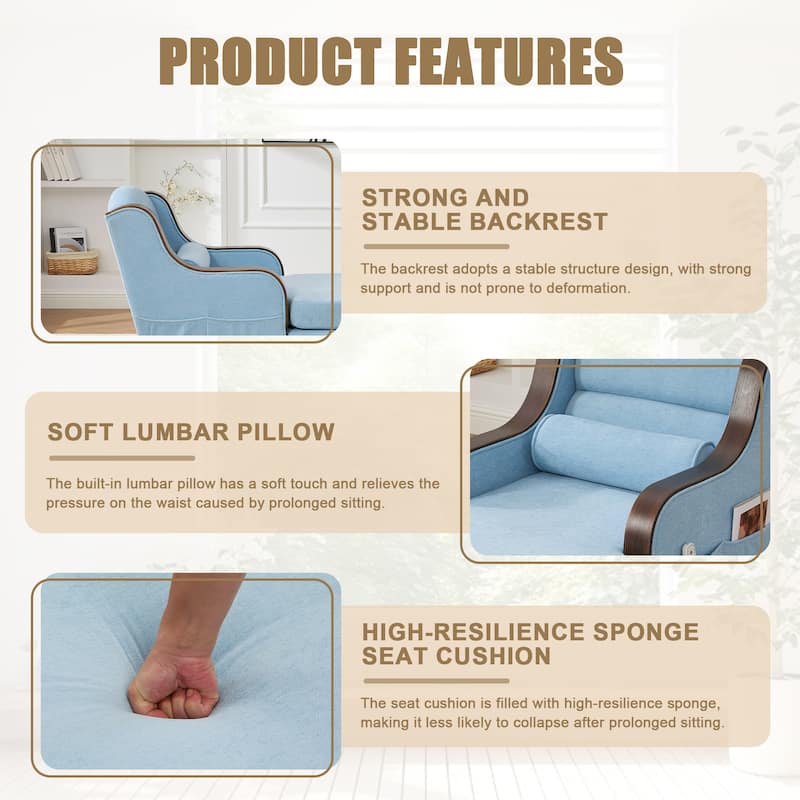 Ergonomic Chaise Lounge Indoor Chenille Single Lazy Sleeper Sofa Bed with Side Pockets, Solid Wood Armrests and Foots