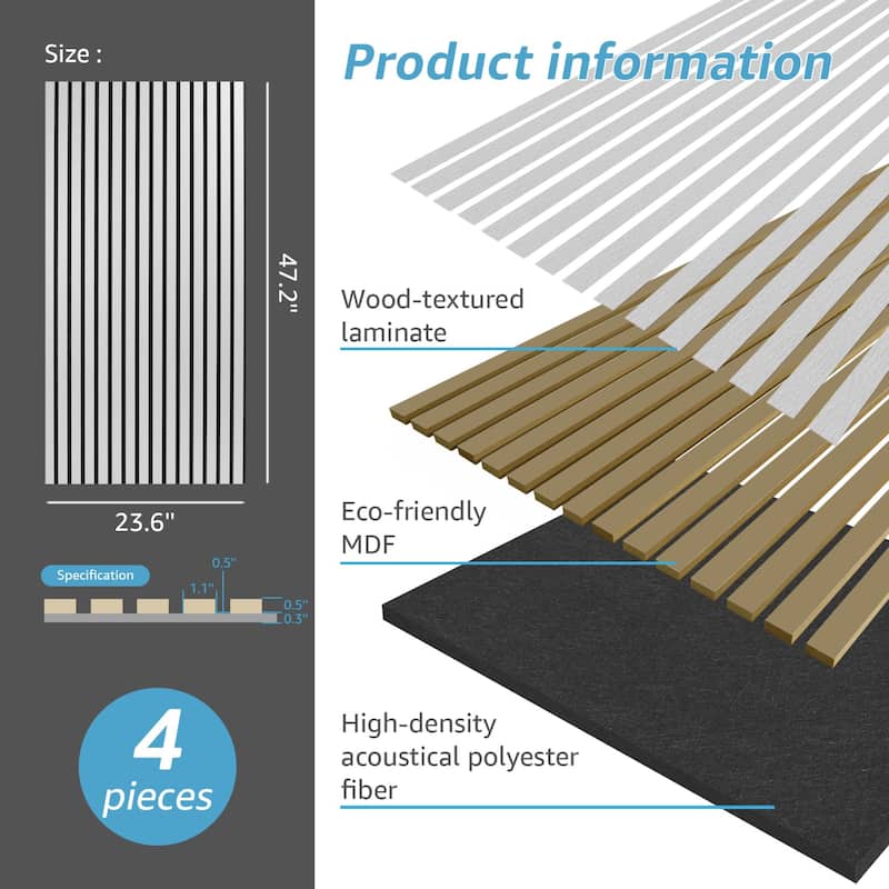 Art3d 23.6in x 47.2in Acoustic Wall Cladding Siding Board,Slat Wall Panels,4pcs