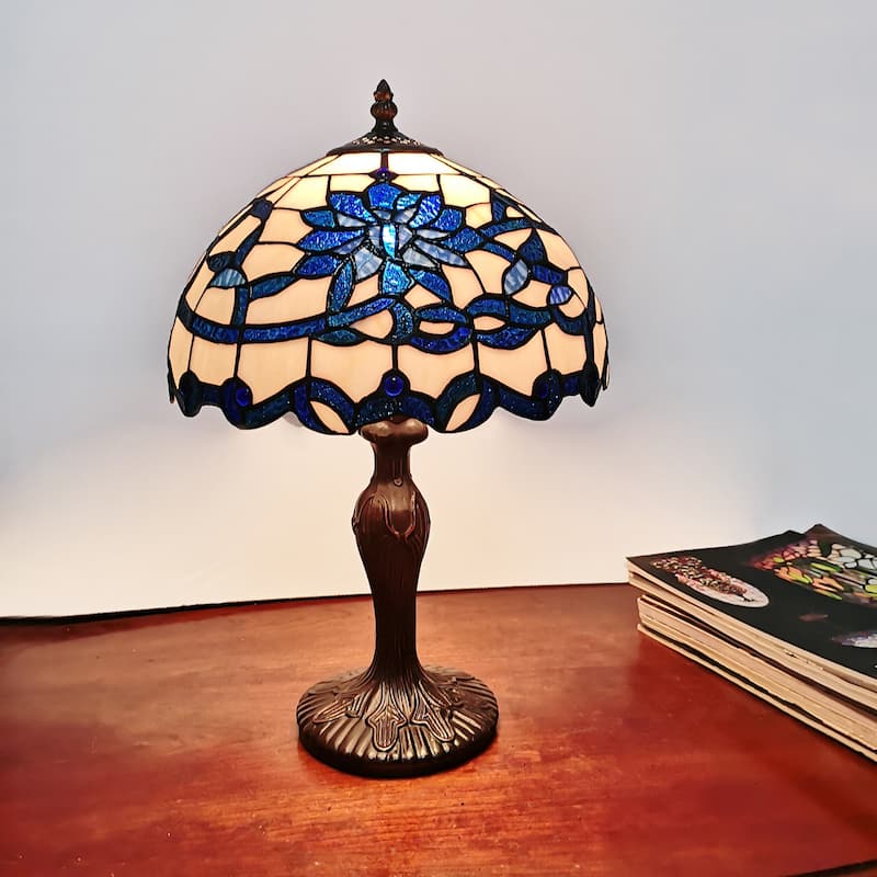 Gracie 12-inch Blue/White Flower Design Stained Glass/Bronze Tiffany-Style Table Lamp