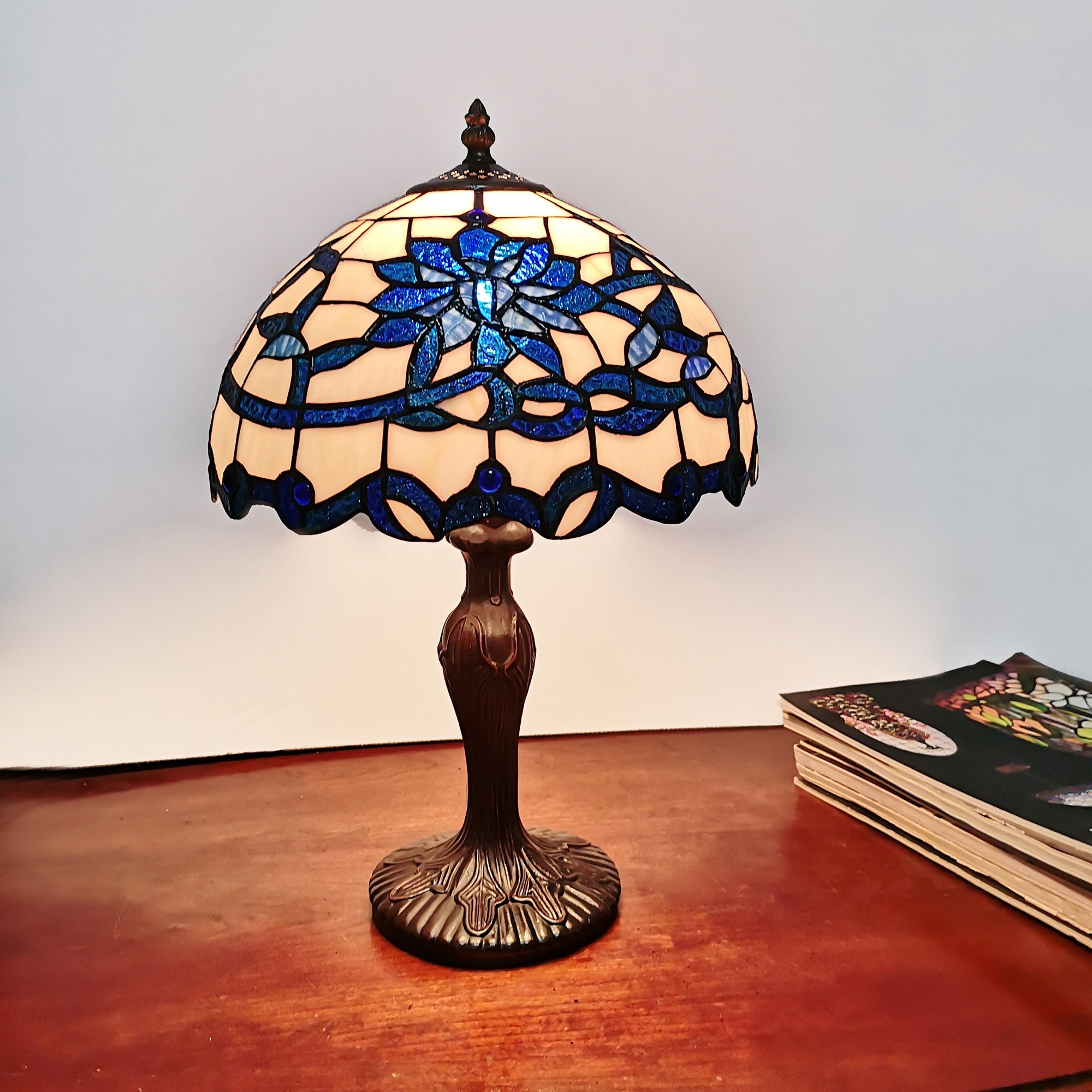 Warehouse of Tiffany Gracie 12-inch Blue/White Flower Design Stained Glass/Bronze Tiffany-Style Table Lamp