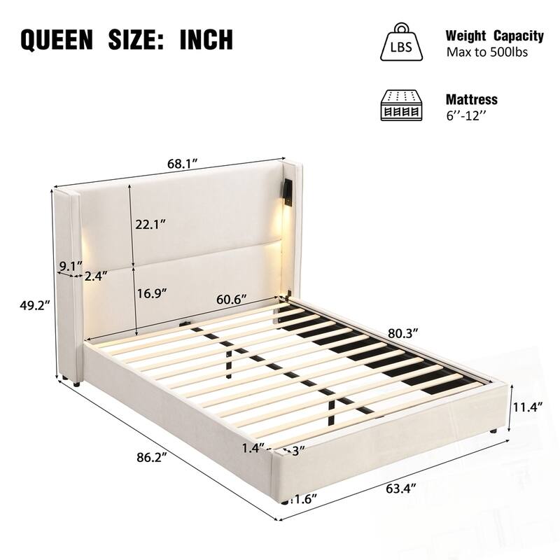 Upholstered Bed Frame with High Wingback Headboard Reading Lamp and USB port
