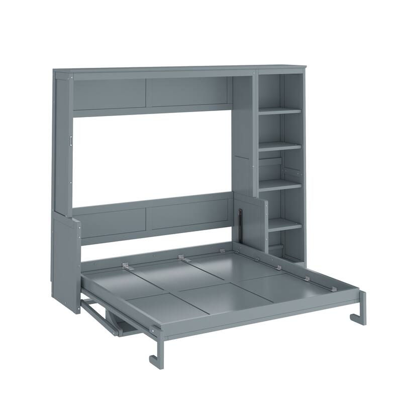 Wooden Murphy Bed Wall Bed with Storage Shelves and Built In Desk, Foldable Platform Bed Frame, Fold into The Wall