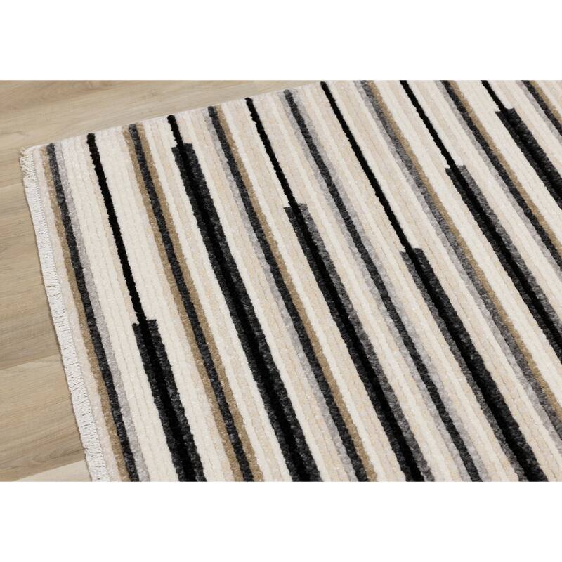 Cali Collection - Black/Cream Beige Symmetrical Stripes Rug