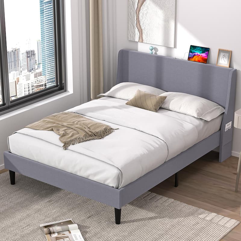 VECELO Bed Frame with Upholstered Wingback Headboard Platform Bedframe with Charging Station & Side Pockets - Grey - Queen