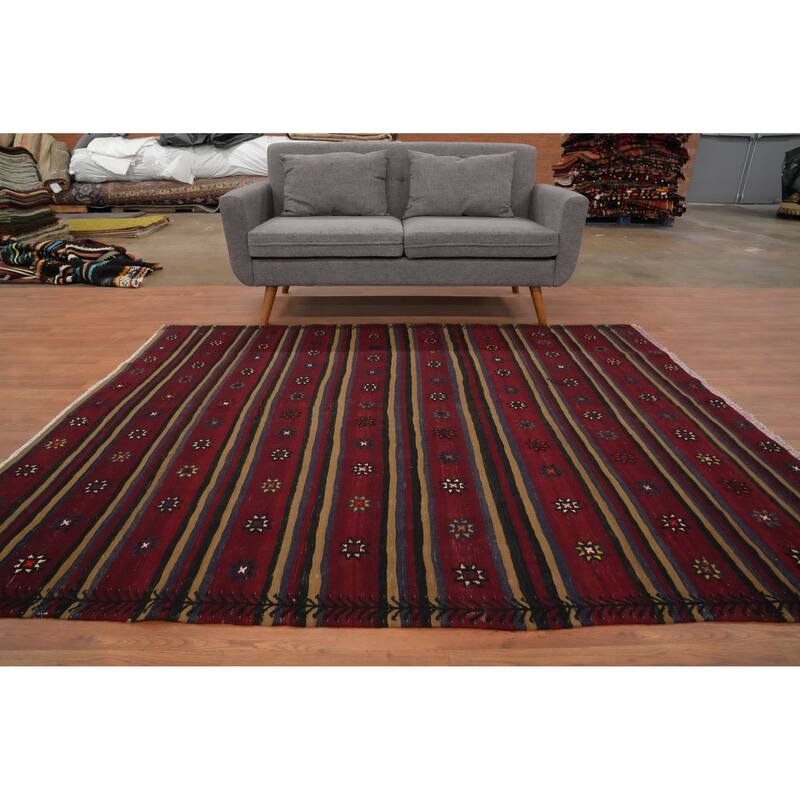 Hand Woven Oriental 100% Wool Carpet Southwestern Tribal Red Kilim Area Rug - 7' 6'' X 6' 1''