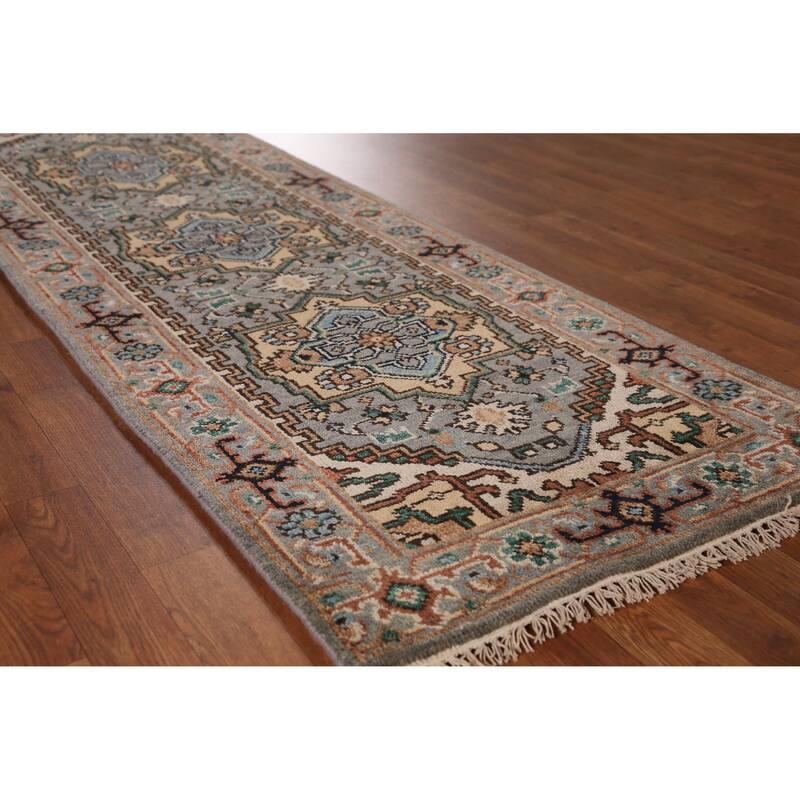 Gray Geometric Heriz Serapi Indian Runner Rug Hand-Knotted Wool Carpet - 2'7" x 7'11" - Grey - 2'7" x 7'11"