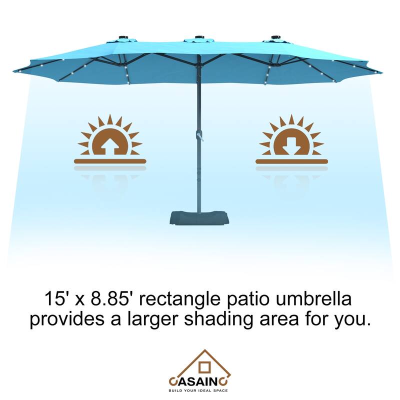 15-ft. Rectangular Crank Double-sided Outdoor Market Umbrella Solar LED Lighted Patio Umbrella with Base Included