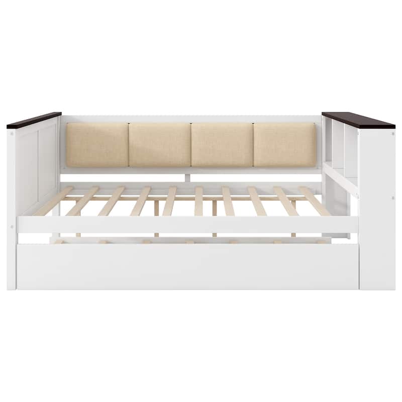 GDFStudio - Wood Daybed with Storage Shelves, Upholstered Backrest, Trundle and USB