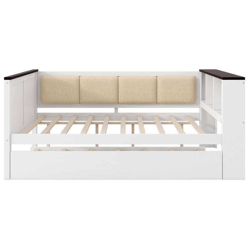 Wood Daybed with Storage Headboard Shelves Built-in USB, Upholstered Backrest and Trundle Bed, White Platform Storage Bed Frame