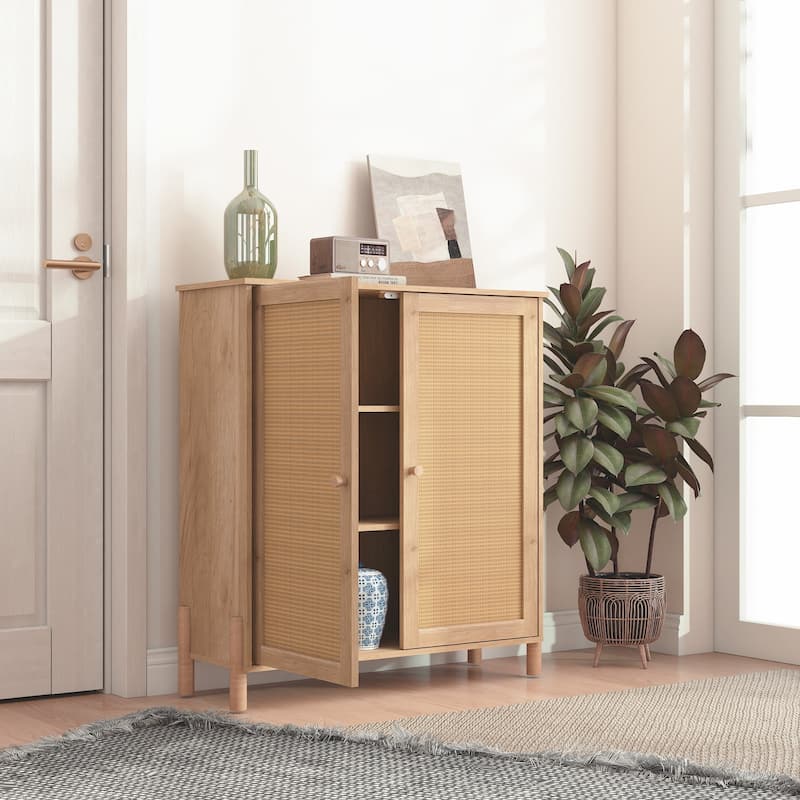 Anmytek Light Wood Rattan Double Door Storage Cabinet Space-Saving Boho Accent Cabinet