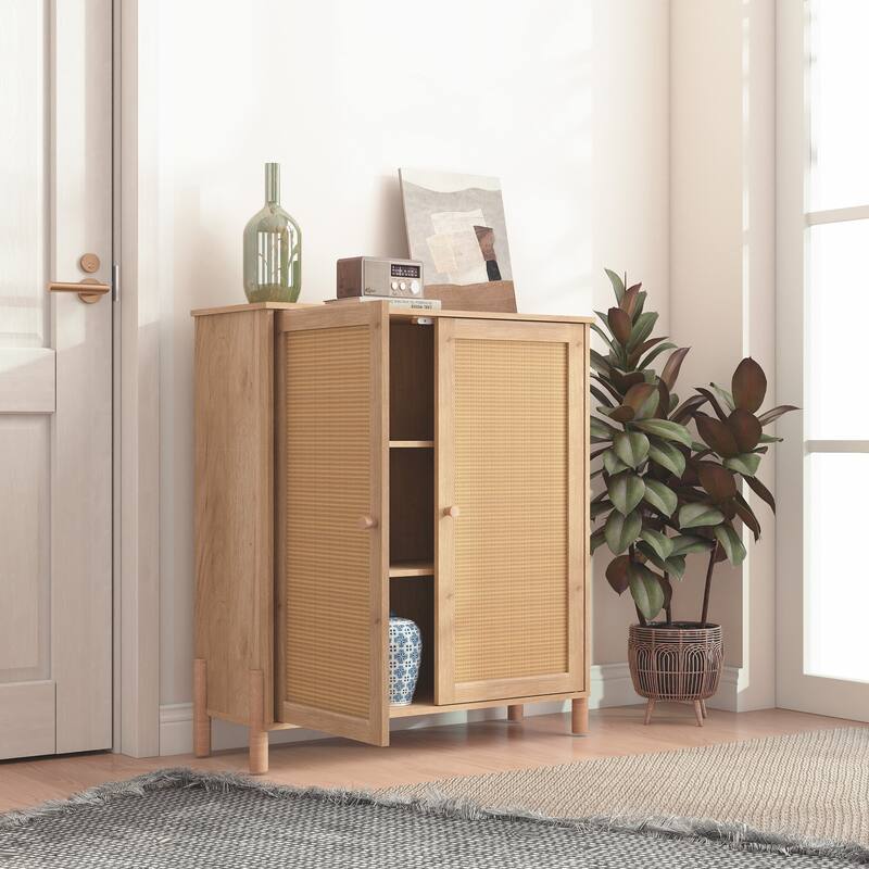 Mid-Century Modern Storage Cabinet with Woven Rattan Doors & Adjustable Shelves - Perfect
