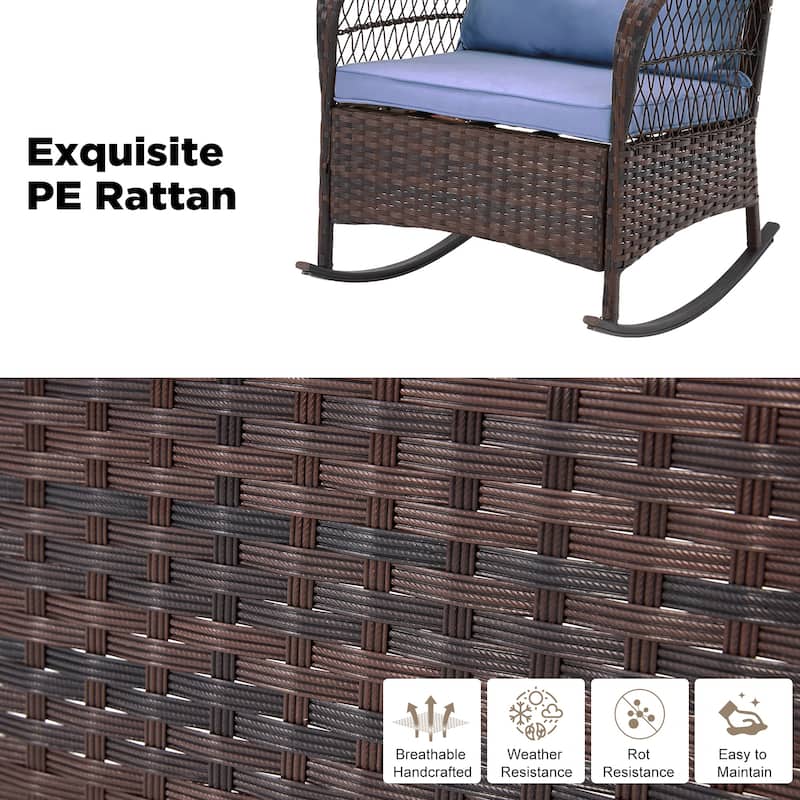 3-Piece Outdoor Rocking/Swivel Chair Set - PE Rattan Patio Furniture with Cushions & Coffee Table, Rocker Chairs for Backyard