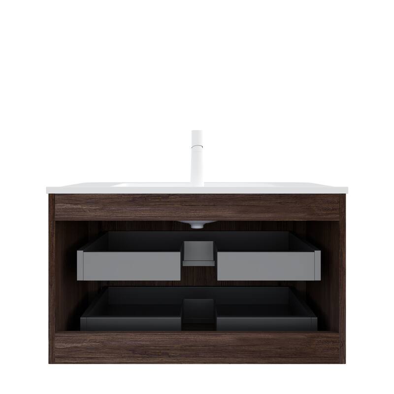 GDFStudio - Noor Modern Floating Bathroom Vanity with Dual Drawers & White Ceramic Basin, WITHOUT Faucet
