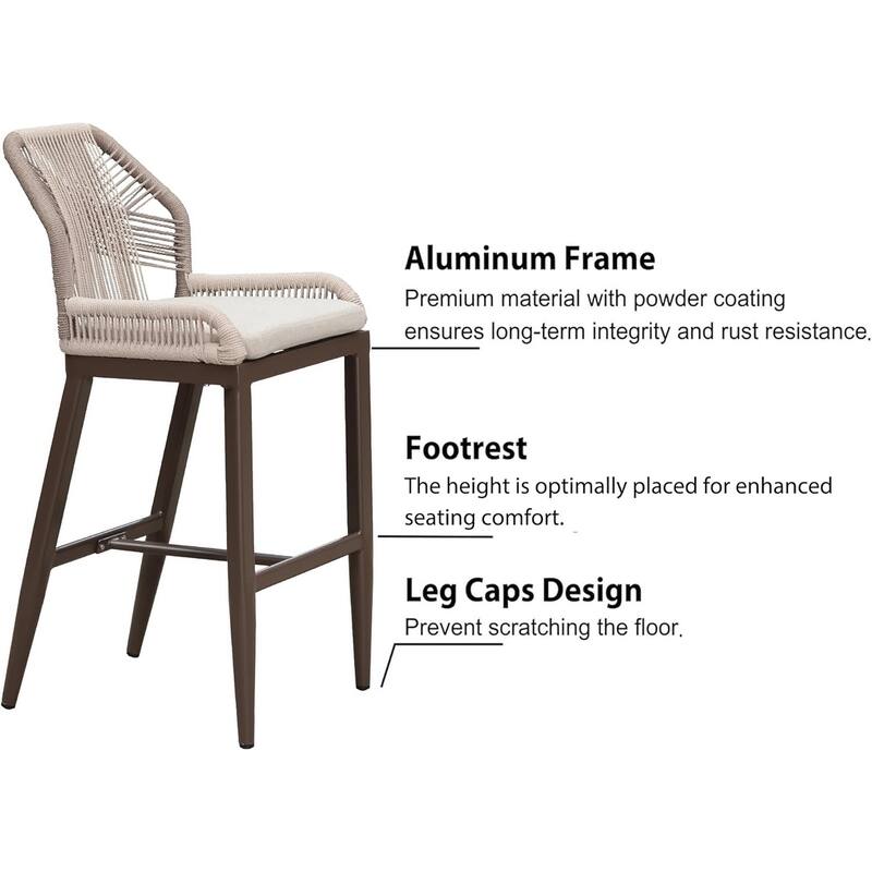 PURPLE LEAF Outdoor Bar Stools Chair Set of 2, All Weather Rattan and Aluminum Patio Bar Stool with Cushion