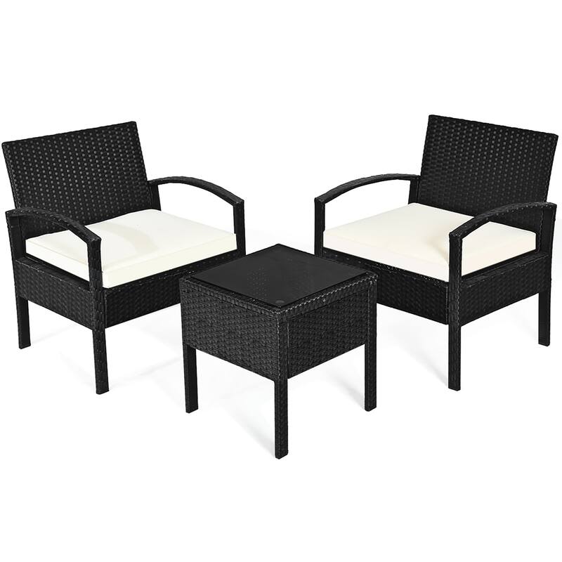 3PCS Patio Rattan Furniture Set with Cushioned Sofa and Coffee Table - White