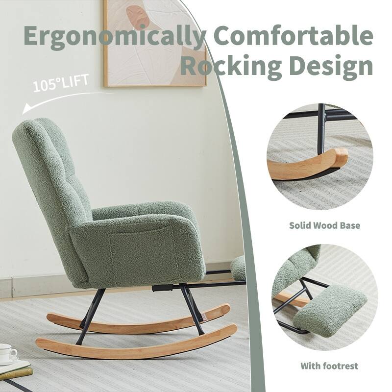 Teddy Fabric High-Back Glider Rocking Chair with Solid Wood Legs and 30° Gentle Swing