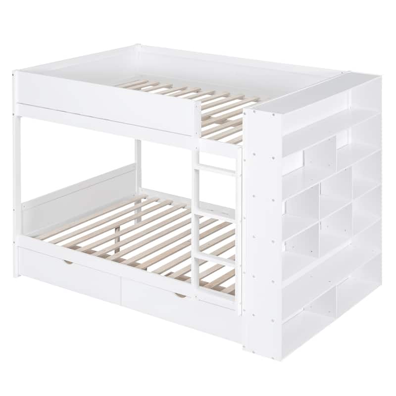 Full over Full Bunk Bed with 2 Drawers and Multi-layer Cabinet, White