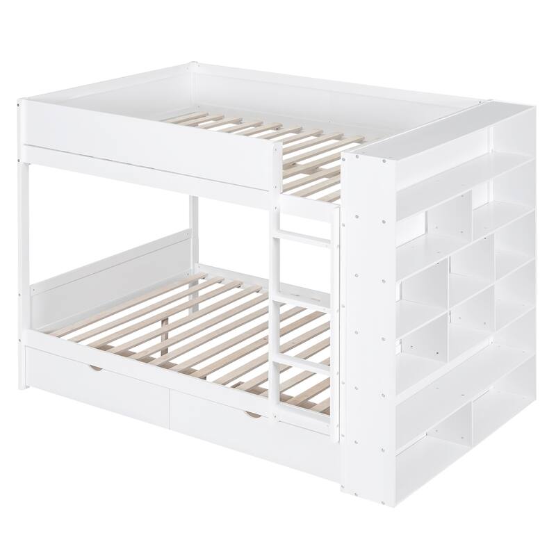 Full over Full Bunk Bed with Drawers and Cabinet, White, Space-Saving Design