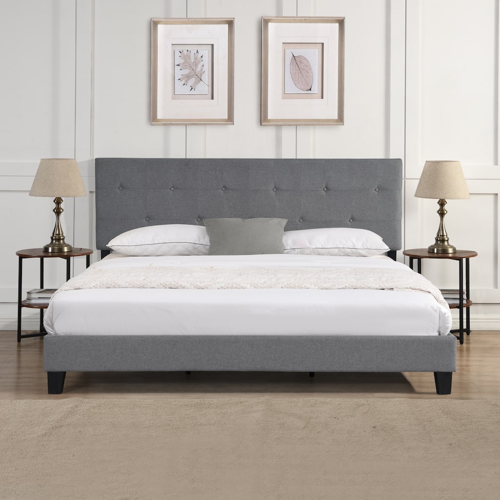 Grey Queen Size Upholstered Platform Bed with Pull Point Tufted Headboard and Strong Wood Slat Support