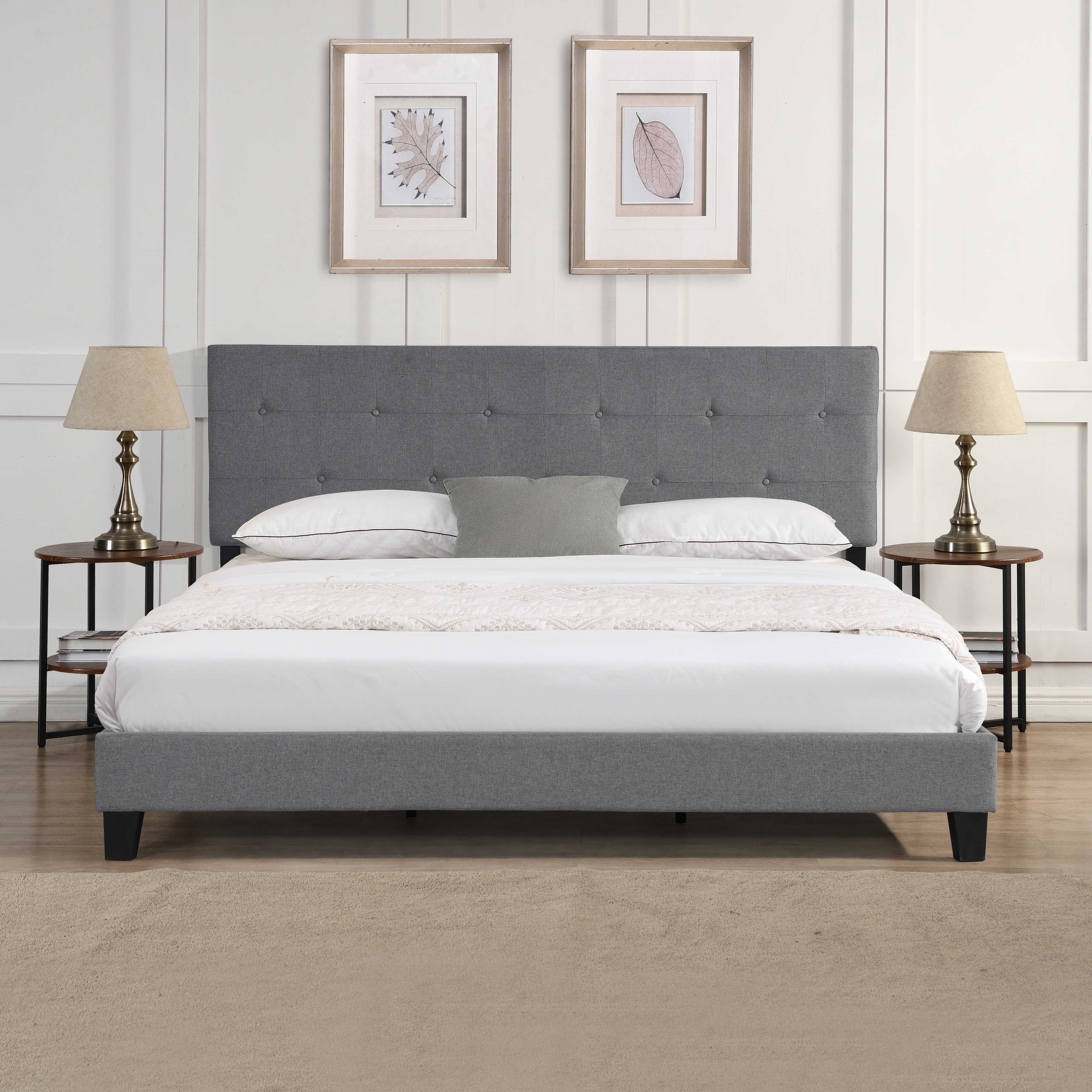 King Size Upholstered Platform Bed Frame with Button Tufted Linen Fabric Headboard, No Box Spring Needed