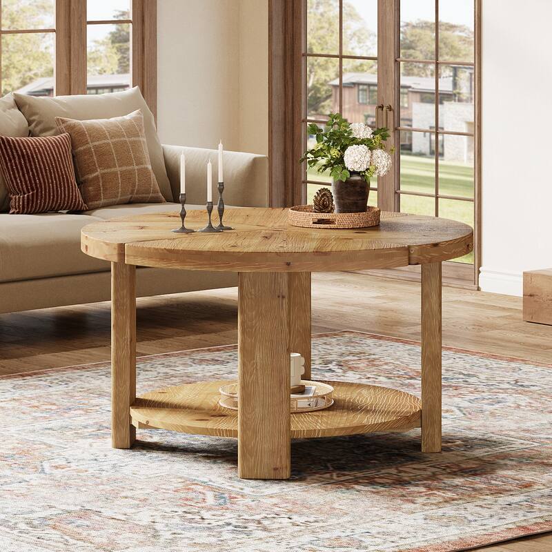 31.5" Round Coffee Table, 2-Tier Farmhouse Solid Wood Coffee Table
