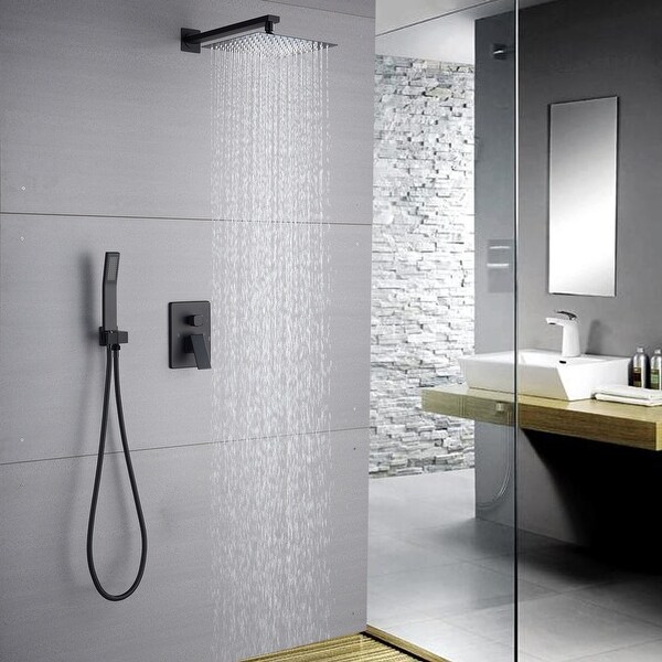 8"12"16"LED Shower Head Bathroom Shower Faucet Black Mixer 2-Functions Rain Tap 