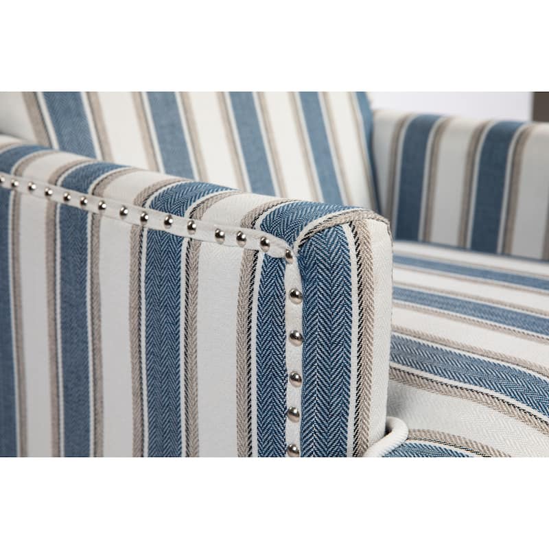 Striped Linen Accent Chair with Nailhead Trim and Solid Wood Frame