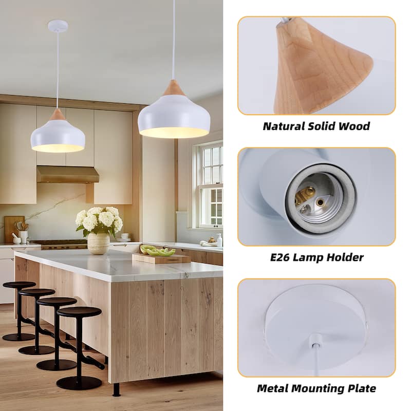 Aurora 13 in. 60-Watt 1-Light Pendant Light with Metal Round Shade and Natural Rubber Wood Top
