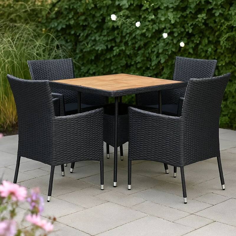 Outdoor Dining Table, 31 Inch Square Acacia Wood Top Black Rattan Base