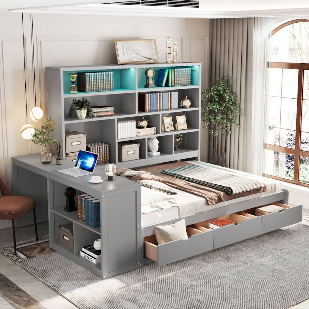 Full Size Wooden Daybed with Built In Desk, Charging Station, Versatile LED Platform Sofa Bed Frame