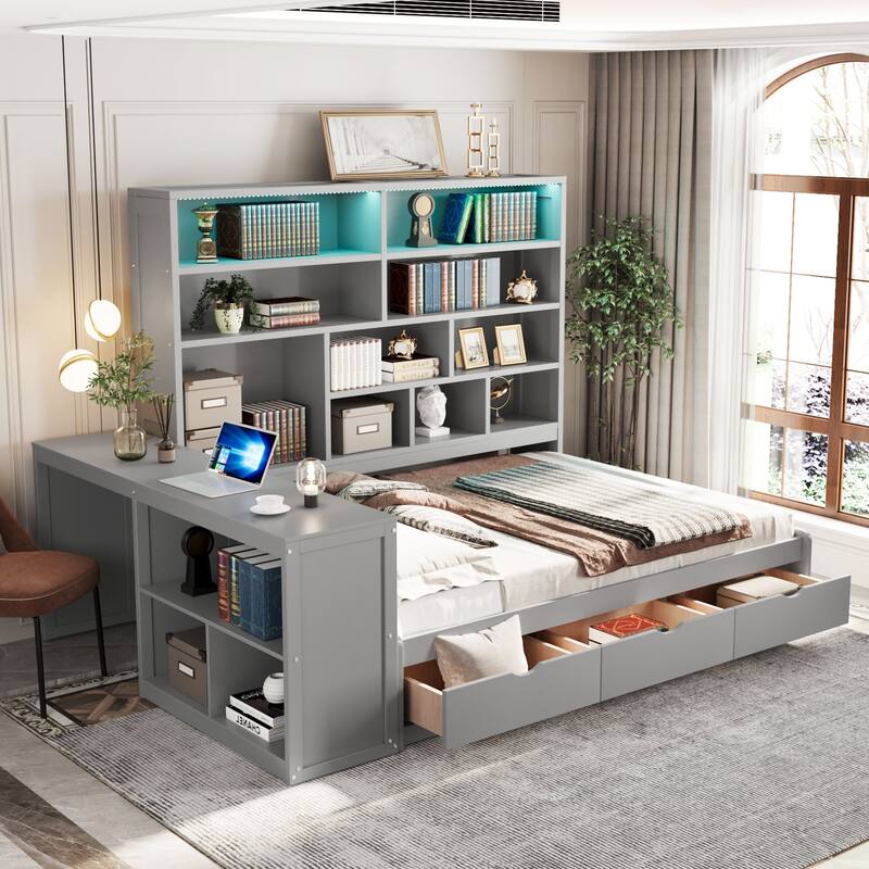 Full Size Wooden Daybed with Desk, Shelves, Drawers, and Lights in Gray