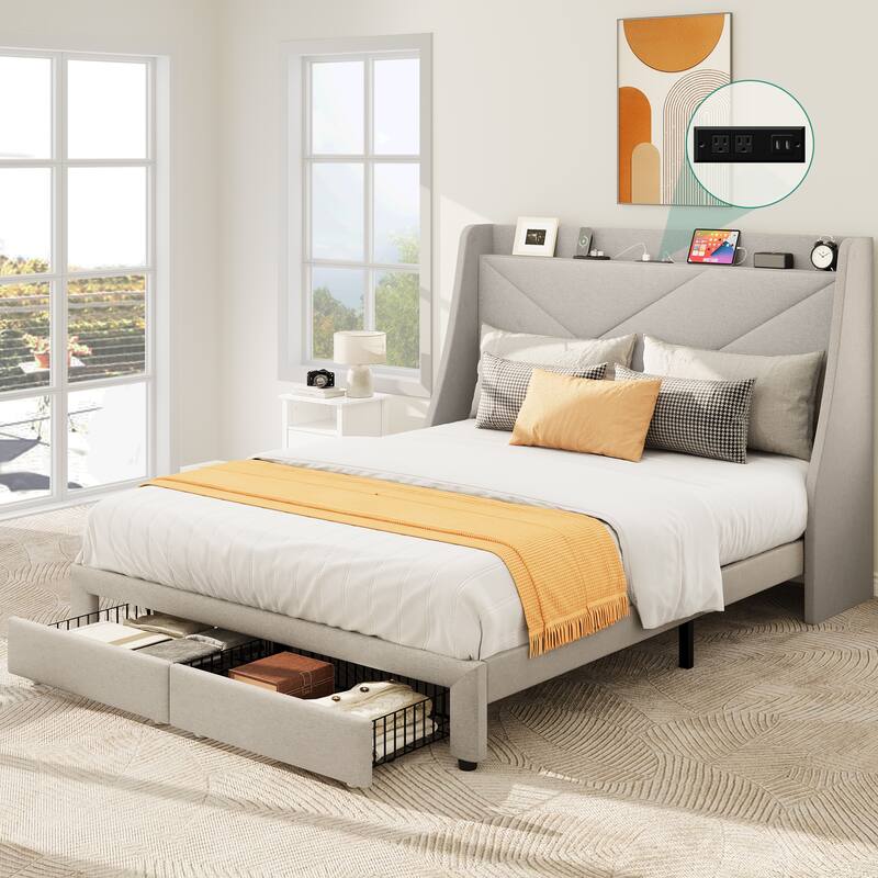 Modern Upholstered Headboard Platform Bed with USB - Beige - Queen