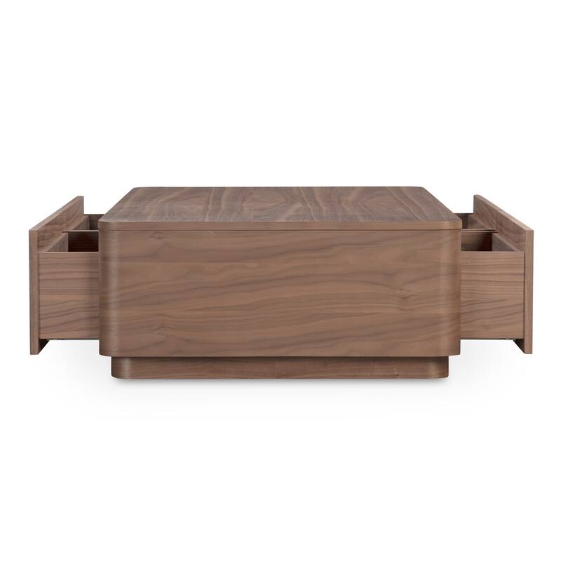 NADAAL STUDIOS Odette Coffee Table, Rectangle Walnut Veneer Top with Rubber Wood Base, Scandinavian Design, 4 Drawers, Brown