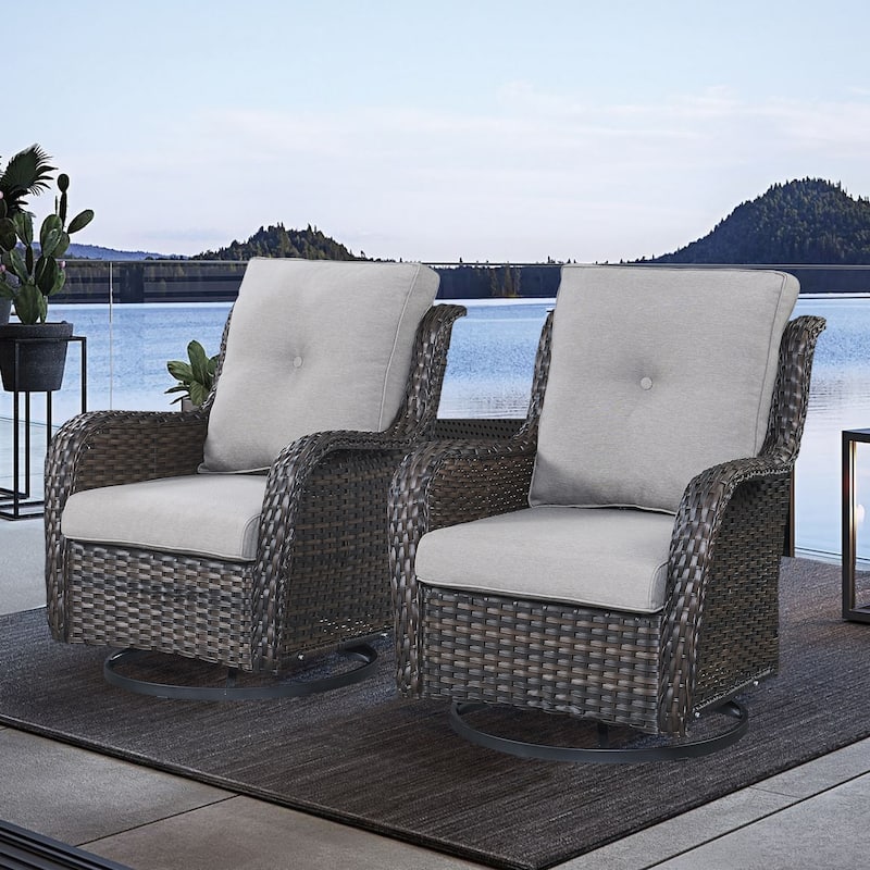 Gymojoy Outdoor Wicker Rocking Lounge Chairs with Swivel Base (Set of 2) - Brown Wicker / Grey Cushion