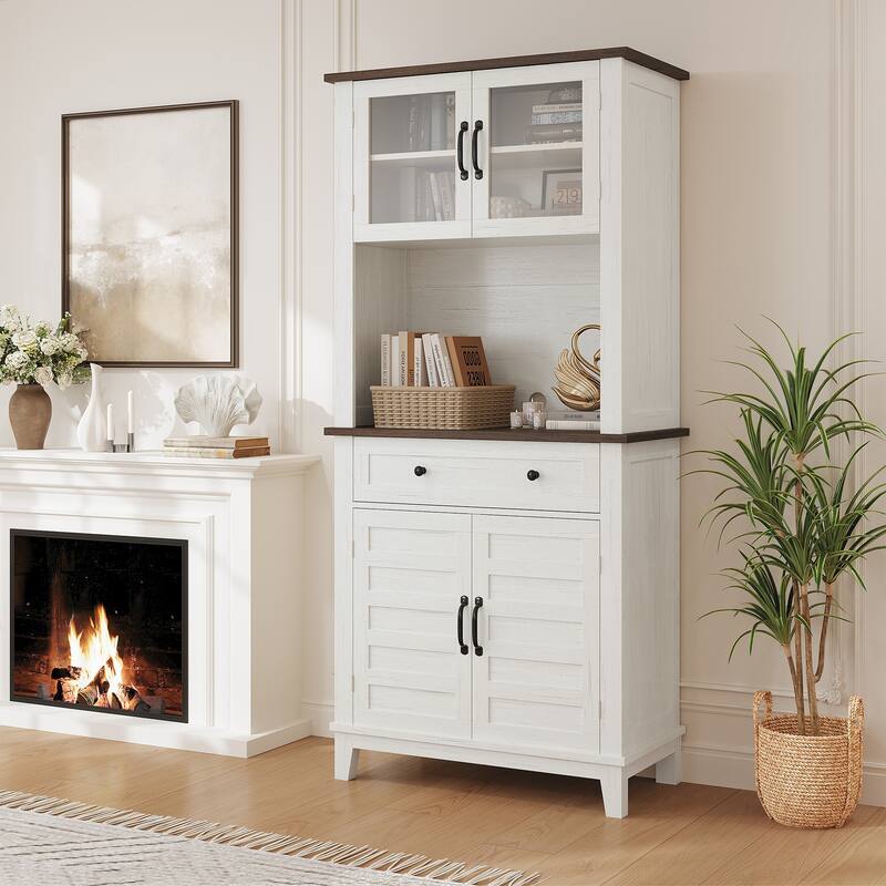 72" Tall Kitchen Pantry Storage Cabinet with 2 Glass Doors