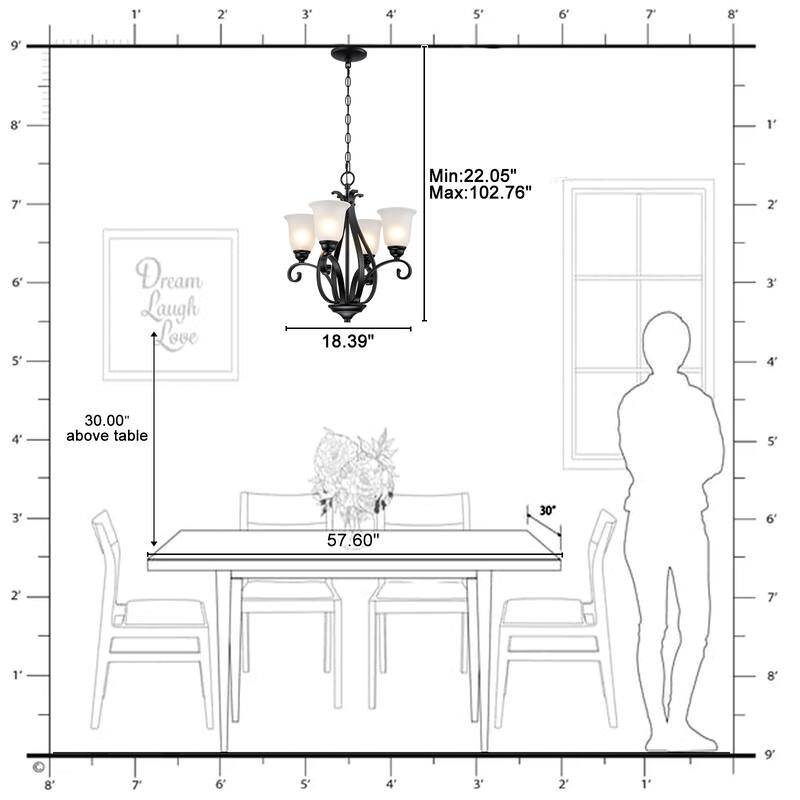 Matte Black 4-Light Candelabra Chandelier with Bell Glass Shades - Dia.8.39-in